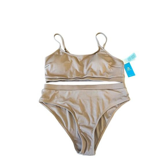 CupShe Womans Bikini Swimsuit SzL Tan/Brown High‎ Waist Beach Travel 2 Piece NWT - Picture 1 of 6